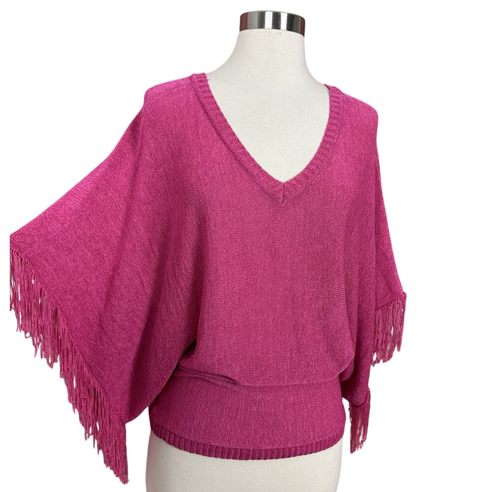 Tally Ho Womens Hot Pink V-Neck Poncho Top Dolman Sleeve Fringe One Size